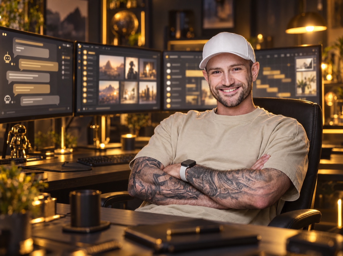 Sebastian mit seinem KI-Team auf drei Monitoren